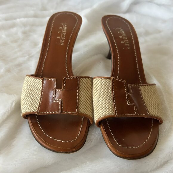 Lambertson Truex Sandals Womens 36.5 Made in Italy VTG Low Heel Brown Cream - Picture 2 of 12